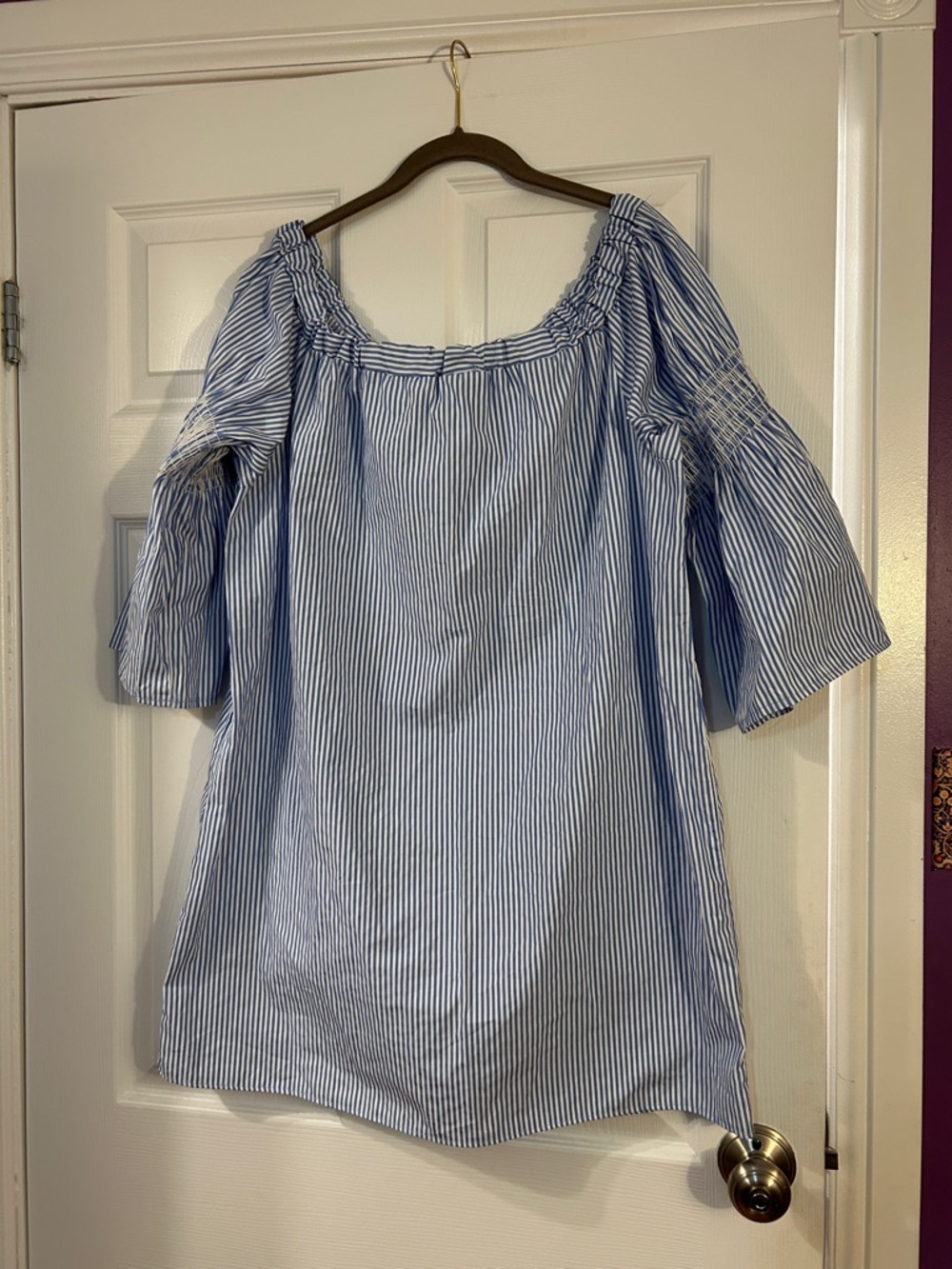 Rebel Sugar XL Light Blue and White Striped Off-Shoulder Dress